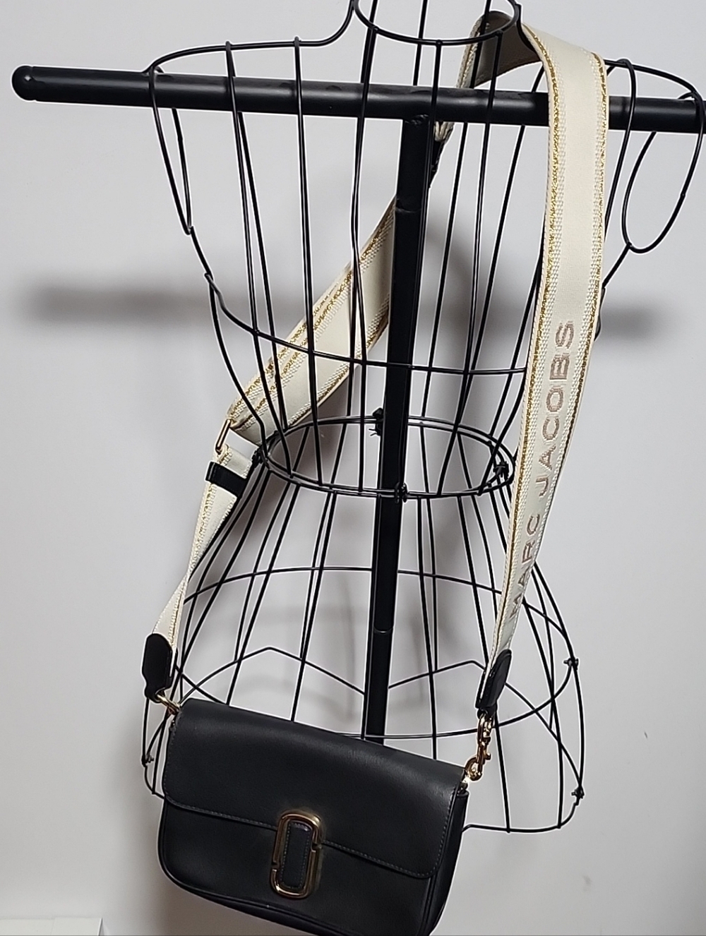Marc Jacobs Black Leather Crossbody with Ivory Logo Strap